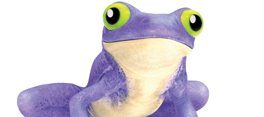render of purple walltite frog with green eyes